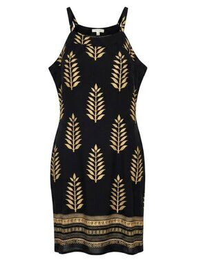 Lapogee India Black and Gold Print Tribal Boho Dress Medium